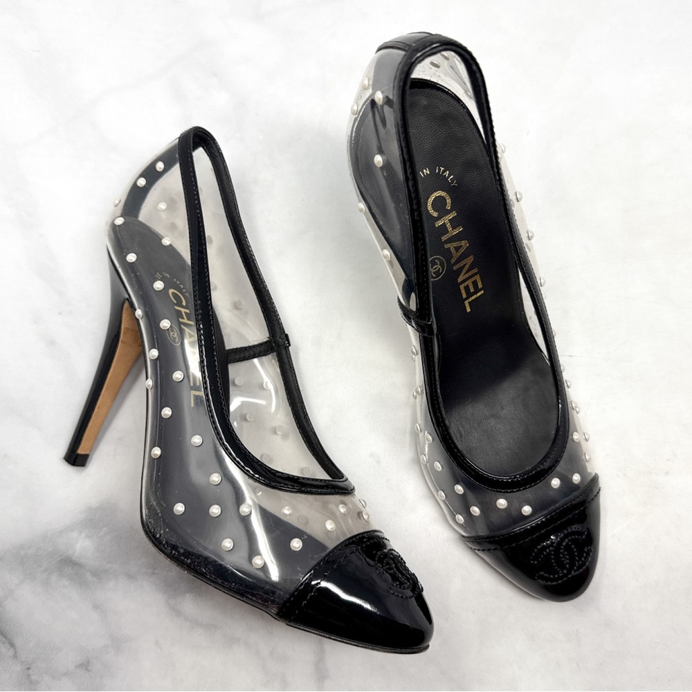CHANEL Vintage CC Coco Mark Pearl Polka Dot Clear Transparent Pumps Heels 35.5